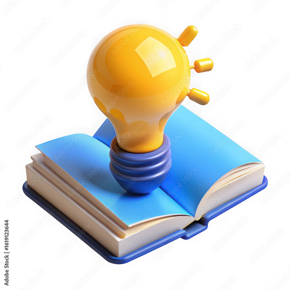 Poster 3d lightbulb on open book render isolated on transparent background