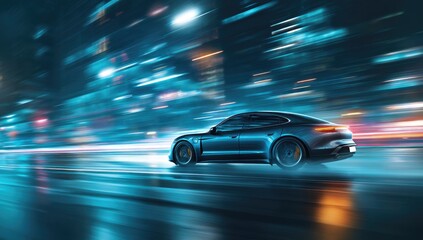 Sleek car speeding through a vibrant, wet city night
