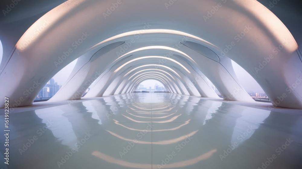 Poster futuristic architecture tunnel perspective with illuminated curved design