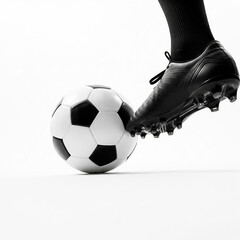 Feet with cleats on a soccer ball on a white background