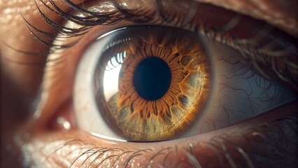 Extreme close-up of the eye’s surface — tear film, corneal layers, and blinking motion captured in slow-motion 3D