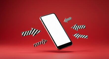 Smartphone surrounded by stylized black and white arrows