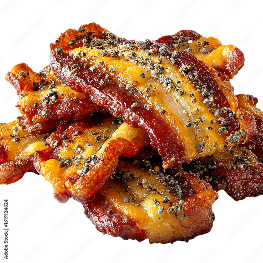 Poster a close up shot of several strips of peppered bacon stacked on each other isolated on transparent ba