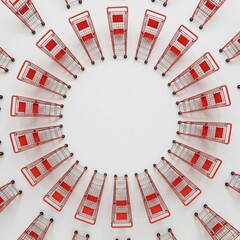 Empty red shopping carts arranged in a circle on a white background. 