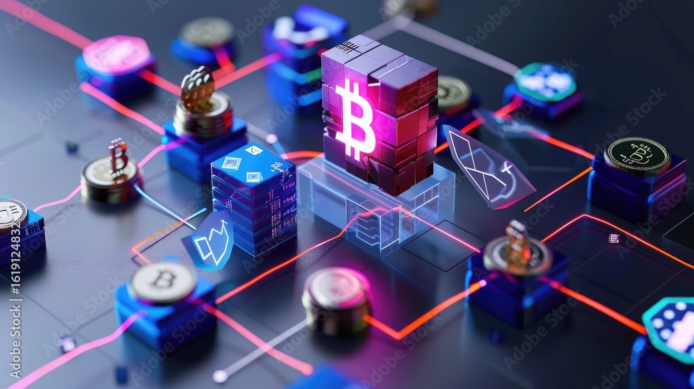 Poster stylized 3d isometric crypto system with interconnected blocks and currency icons