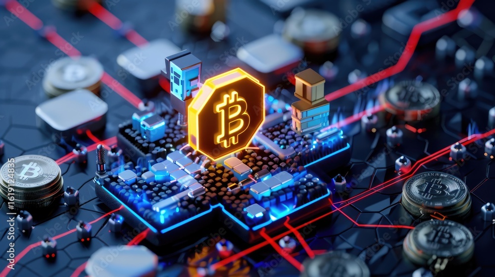 Poster stylized 3d isometric crypto system with interconnected blocks and currency icons