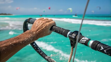 Hand Gripping the Bar of a Kite in Vibrant Ocean Setting