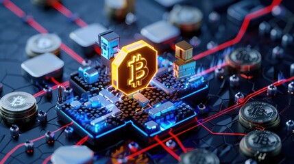 Stylized 3D isometric crypto system with interconnected blocks and currency icons
