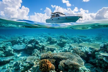 Split view above and below water, showing dying coral reef below and boat with oil slick above, endangered ocean ecosystem.
