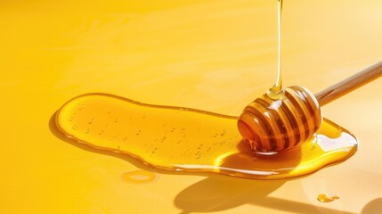 Natural honey and dipper casting soft shadows on vibrant yellow surface