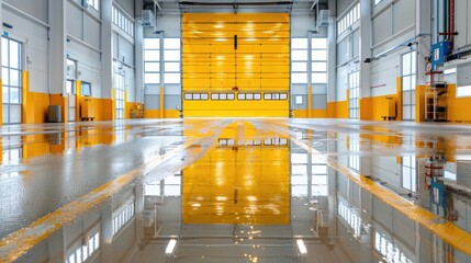 Manufacturing facility interior with wet reflective floor and wide garage-style door