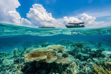 Split view above and below water, showing dying coral reef below and boat with oil slick above, endangered ocean ecosystem.