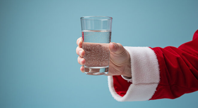 Santa Claus offers a refreshing glass of water, embodying holiday spirit and wellness.
