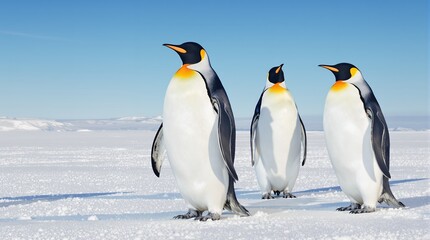 Fototapeta premium Three Penguins on Snowy Landscape