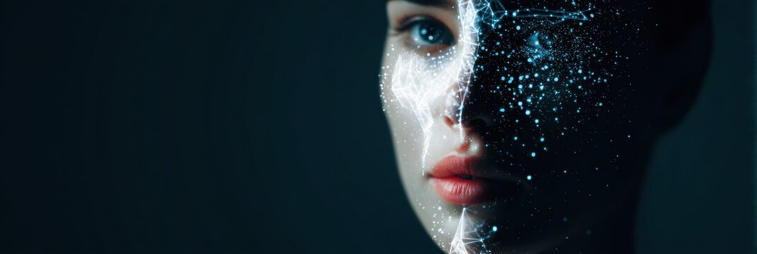 Futuristic Beauty Enhancement AI Interface Projected on Human Face With a Modern Aesthetic