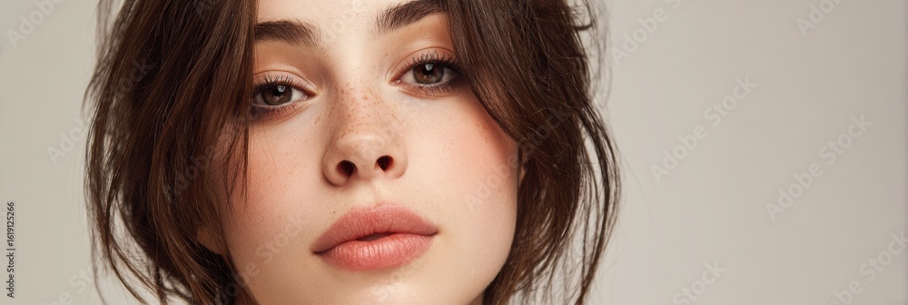 Poster calm expression and minimal makeup in a neutral setting with a text zone above, captured during a so