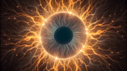 Glowing iris structure in macro — pigmentation layers and radial/circular muscles captured mid-contraction