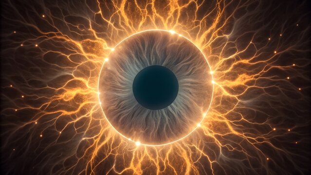 Glowing iris structure in macro — pigmentation layers and radial/circular muscles captured mid-contraction