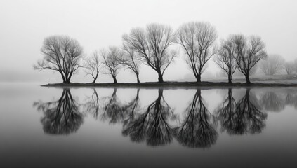 Misty lake with mirrored trees