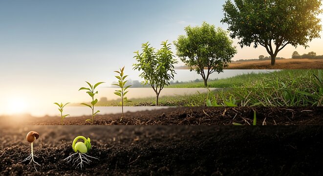 From Seed to Tree: A Panoramic View of Growth, showcasing the life cycle of a plant from germination to maturity under a serene sunrise.