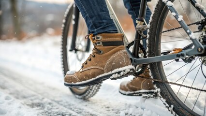 Naklejka premium Winter Boots on Bicycle in Snowy Landscape with Mountain Background