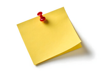 Yellow sticky note pinned to a white background with a red thumbtack