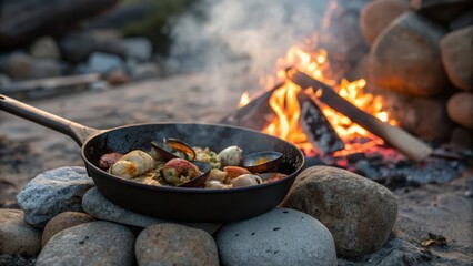 Campfire Cooking Seafood in Skillet on a Beach at Sunset