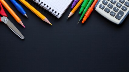 Fototapeta premium Assorted colorful school supplies arranged on a dark background stationery education
