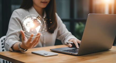Businesswoman Holding Digital Global Network Connection Technology