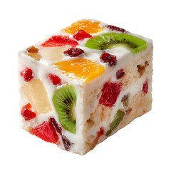 Delicious fruitcake dessert sweet treat white icing colorful fruits kiwi orange pineapple cranberries