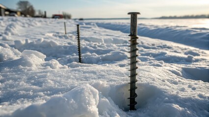 Screw Anchors Embedded in Snow Against a Winter Landscape