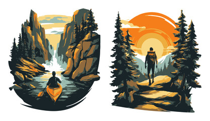 Adventure Seeker in Nature with City Skyline at Sunset in Bold Colors