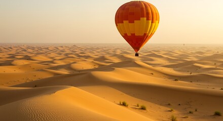 Obraz premium An adventurous journey in a colorful hot air balloon soaring over vast desert sand dunes at a scenic golden sunrise.