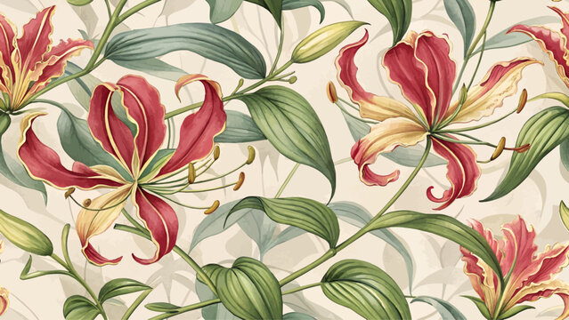 Seamless floral pattern of high resolution gloriosa flowers, designed for fabric printing.