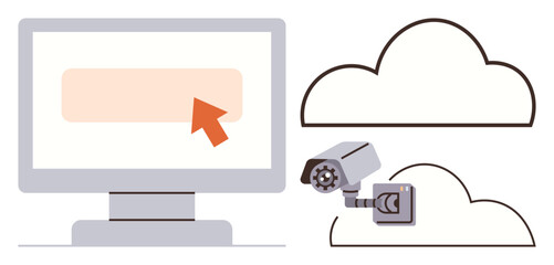 Computer screen with a user action pointer, cloud shapes, and a surveillance camera symbolizing data security, cloud storage, and monitoring. Ideal for technology, cybersecurity, cloud computing