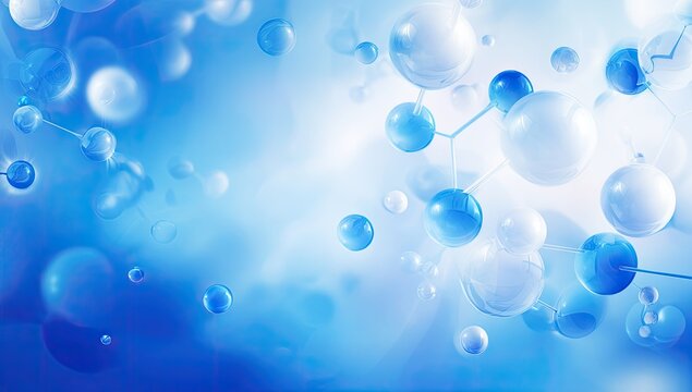 Abstract scientific illustration of molecules. 3D spheres of light blue and white
