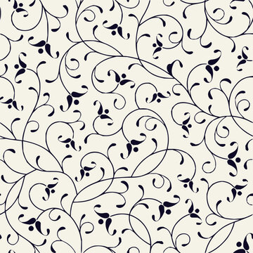 Seamless pattern featuring stylized floral motifs and swirling vines on a light background design element