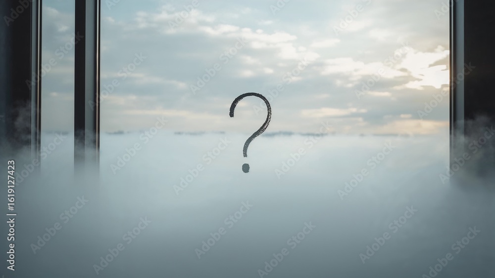 Poster a large question mark floats in a foggy, cloud-filled atmosphere, framed by a window.