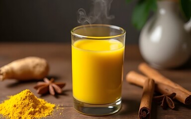 Steaming glass of golden milk with turmeric, ginger, cinnamon, and star anise sitting on a rustic wooden table, creating a warm and inviting atmosphere.