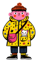 Colorful Character Illustration with Cat in Pocket and Fun Patterns