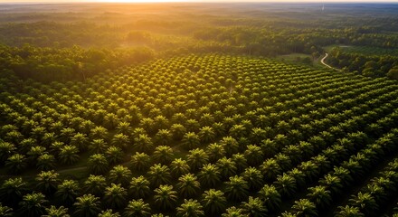 Golden Hour Aerial View of Lush Palm Oil Plantation Rows Bathed in Warm Sunlight