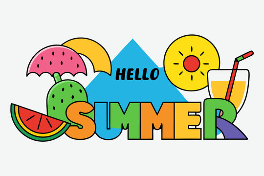 Illustration of hello summer illustration with fruits and juice isolated on white background