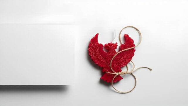 Overhead shot of a red eagle-shaped candle and a blank white card, tied with string against a bright white background.