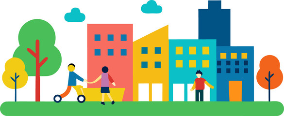 Obraz premium Illustration of people walking in the city with colorful buildings and green trees