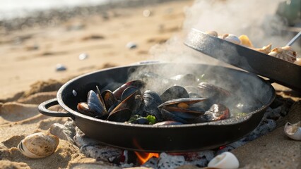 Fresh Seafood Cooking Over Fire on Beach with Steaming Shellfish
