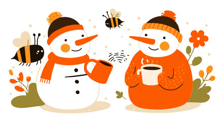 Charming Cartoon Snowmen Enjoying Warm Drinks in a Winter Landscape