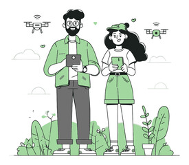 Young Couple Engaging with Drones in Green Natural Environment Illustration