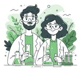 Cartoon Scientists in Lab with Flasks and Green Nature Background