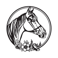 Head of horse in bridle in profile with flowers monochrome vector
