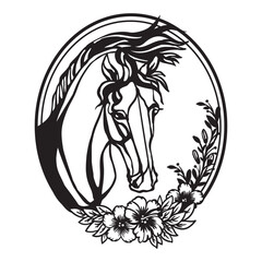 Horse with long mane and flowers black and white vector